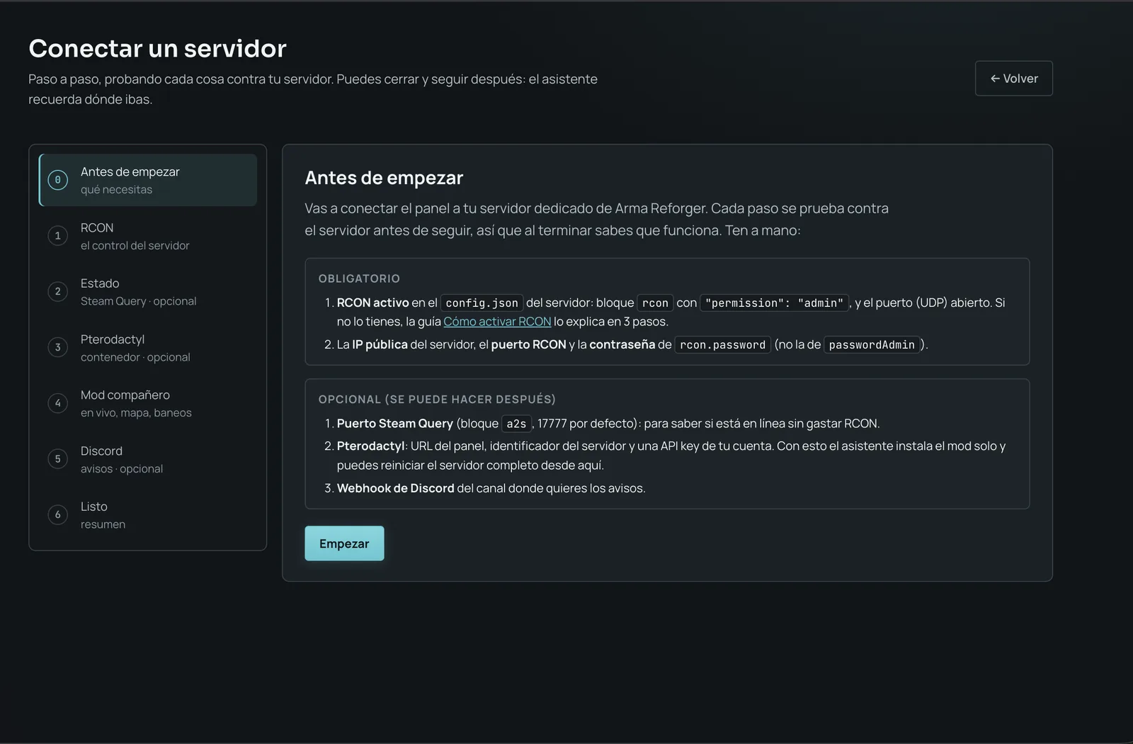 Asistente para conectar un servidor de Arma Reforger: pasos RCON, Steam Query, Pterodactyl, mod compañero y Discord, cada uno probado contra el servidor
