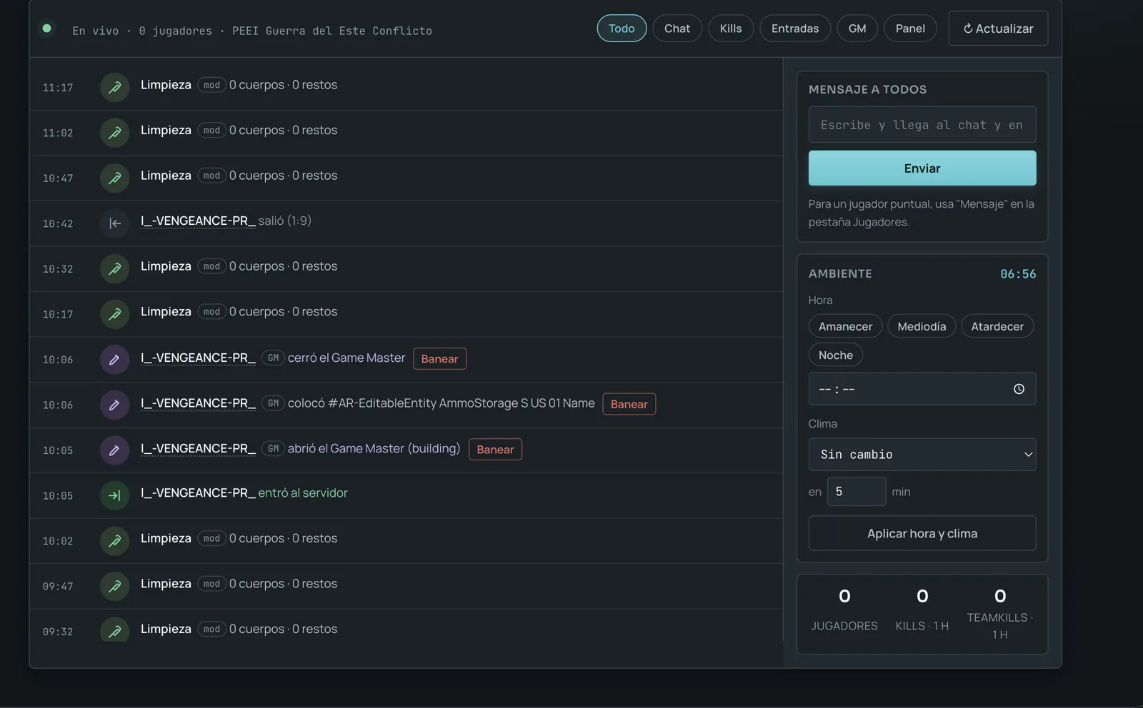 Pestaña En vivo: entradas y salidas, uso del Game Master, limpiezas automáticas, mensaje a todos y control de hora y clima